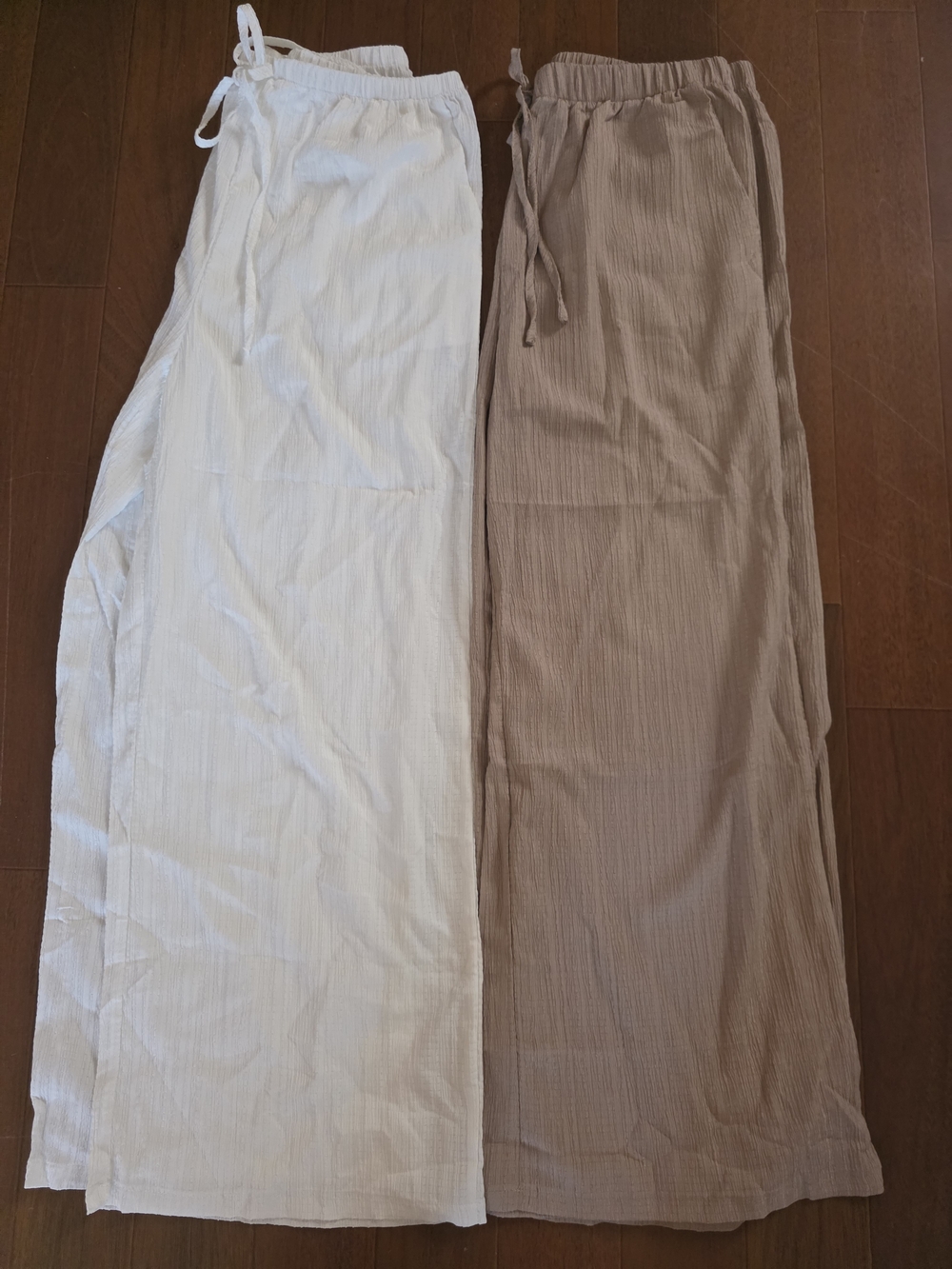 Lightweight Wide-Leg Drawstring Pants - White & Taupe